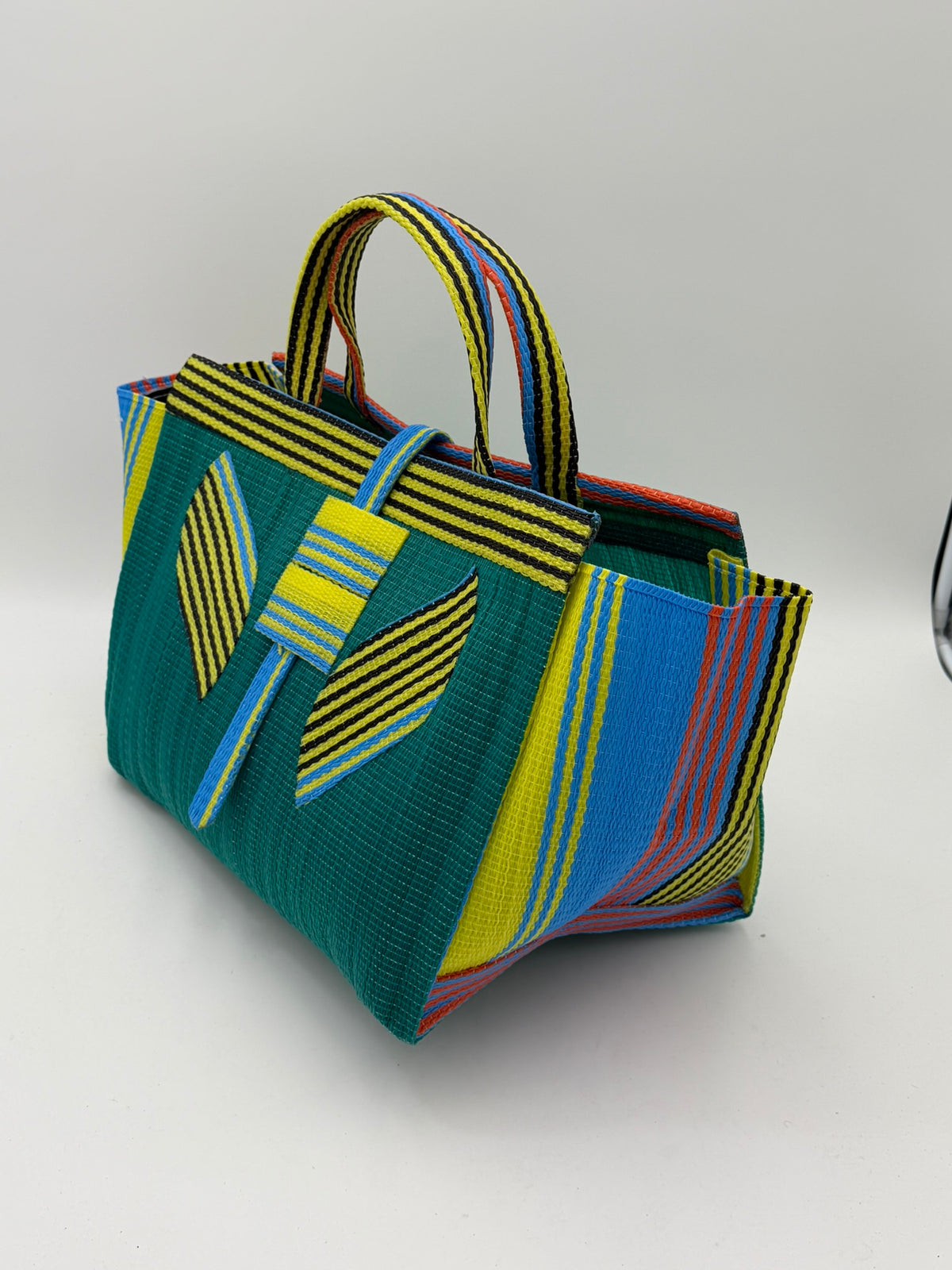 Citrus Large handwoven tote bag by SCRUBIES in Green,Yellow,Blue with Solid design and Leaf  accent pattern