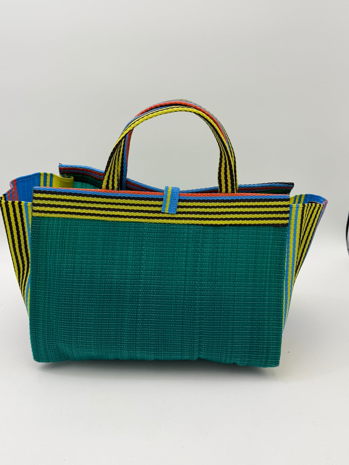 Citrus Large handwoven tote bag by SCRUBIES in Green,Yellow,Blue with Solid design and Leaf  accent pattern
