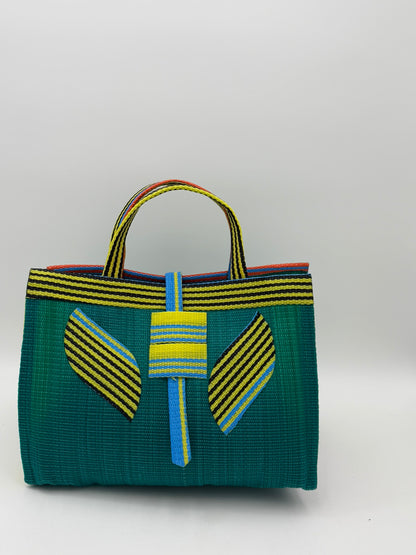 Citrus Large handwoven tote bag by SCRUBIES in Green,Yellow,Blue with Solid design and Leaf  accent pattern