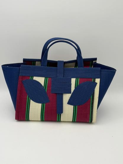 Winery Large handwoven tote bag by SCRUBIES in Blue,Cream,Wine,Green, with Block design and Leaf accent pattern