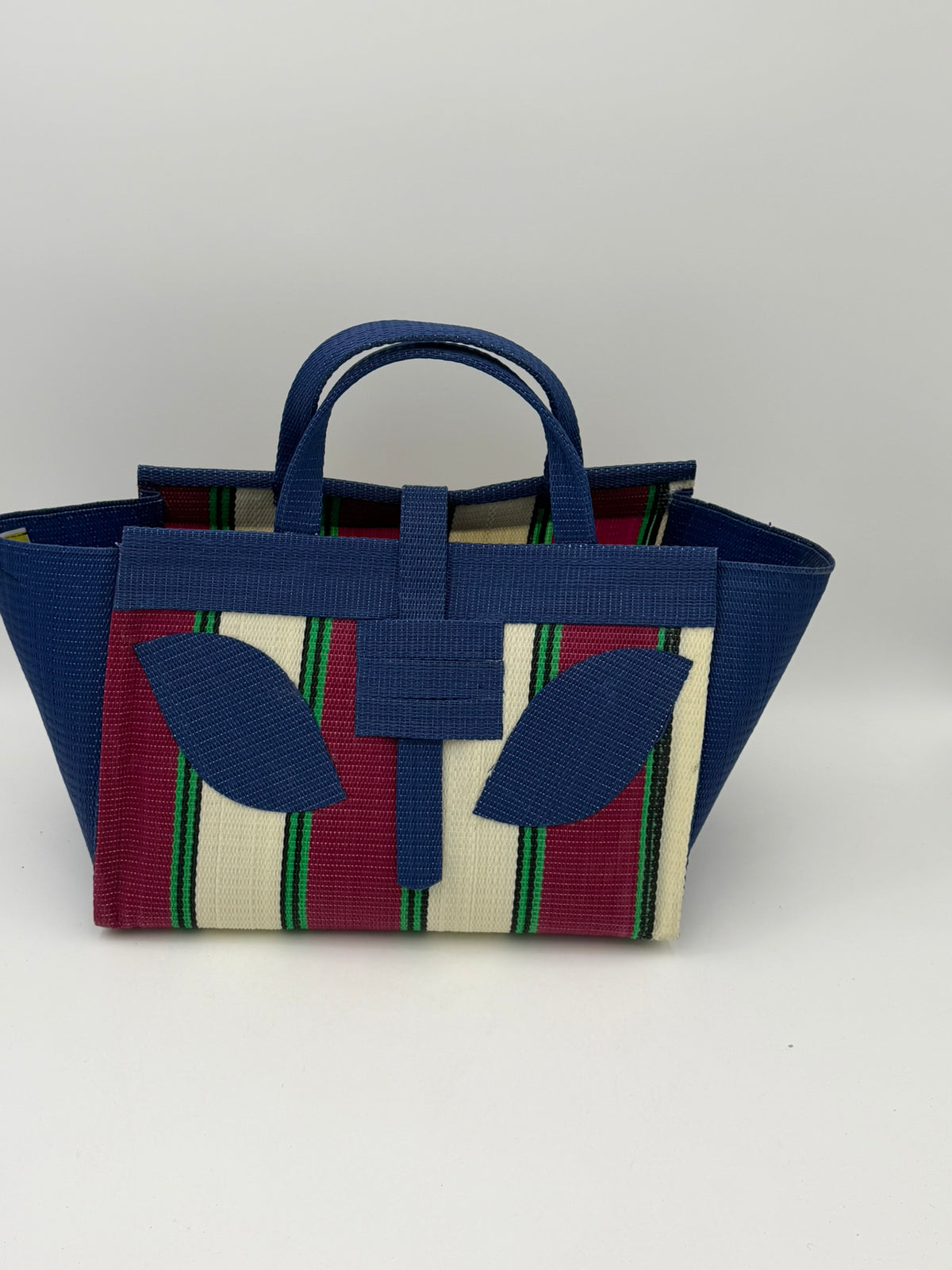 Winery Large handwoven tote bag by SCRUBIES in Blue,Cream,Wine,Green, with Block design and Leaf accent pattern
