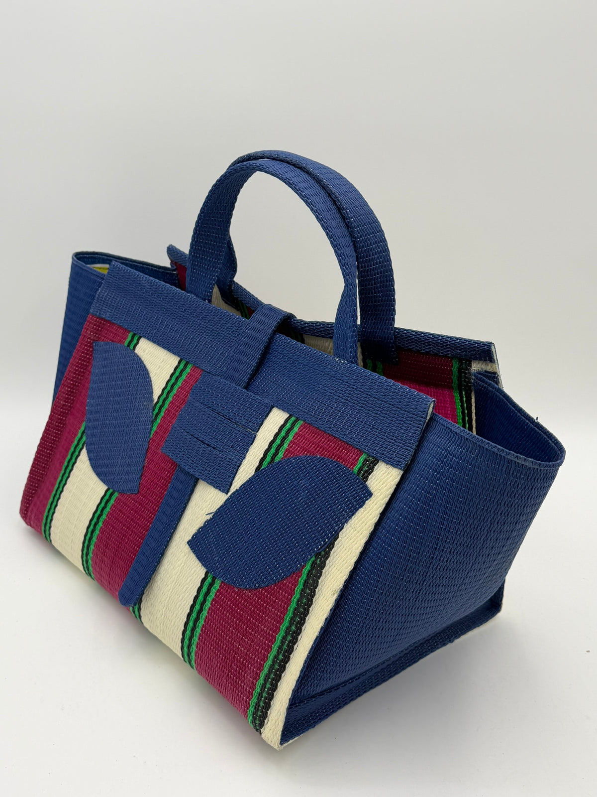 Winery Large handwoven tote bag by SCRUBIES in Blue,Cream,Wine,Green, with Block design and Leaf accent pattern
