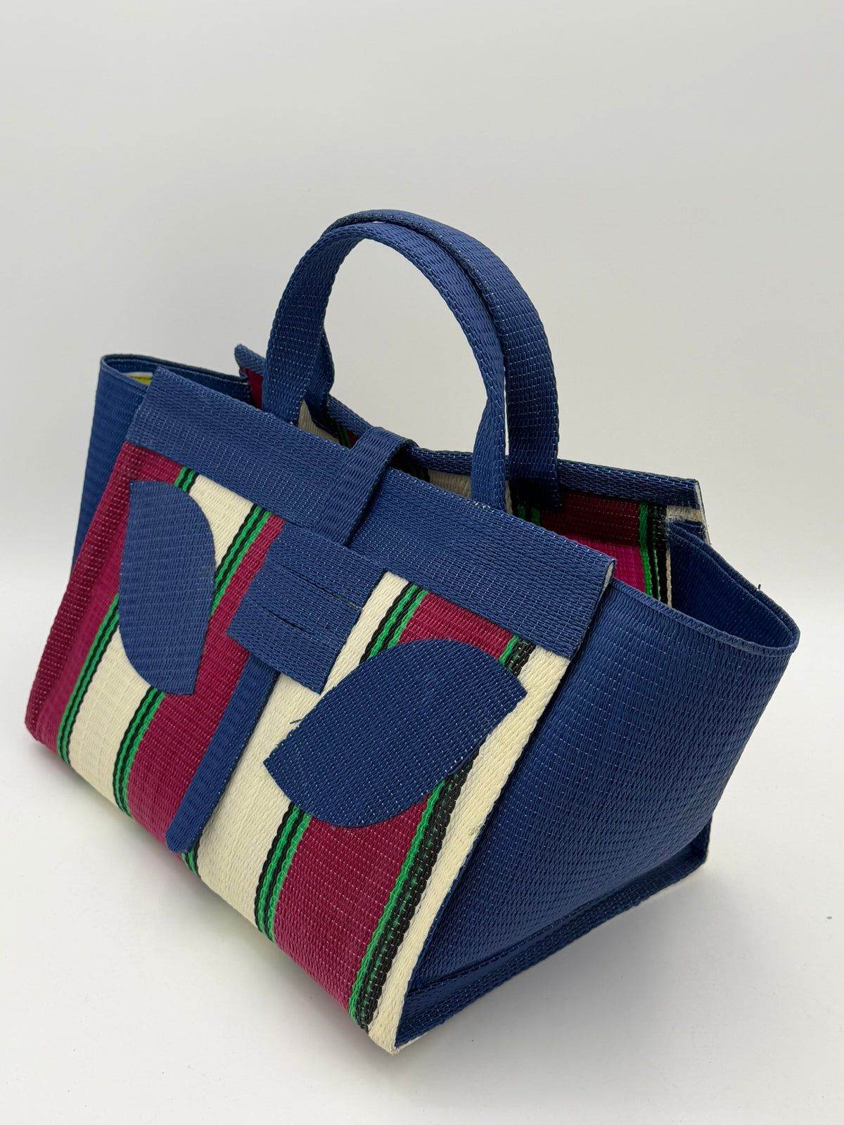 Winery Large handwoven tote bag by SCRUBIES in Blue,Cream,Wine,Green, with Block design and Leaf accent pattern
