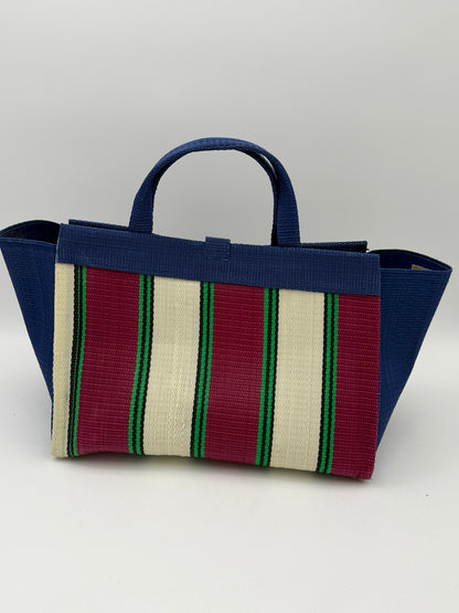 Winery Large handwoven tote bag by SCRUBIES in Blue,Cream,Wine,Green, with Block design and Leaf accent pattern