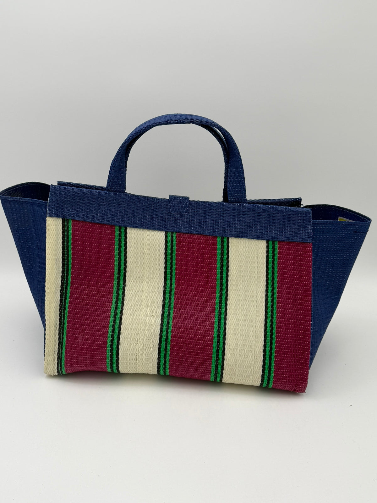 Winery Large handwoven tote bag by SCRUBIES in Blue,Cream,Wine,Green, with Block design and Leaf accent pattern