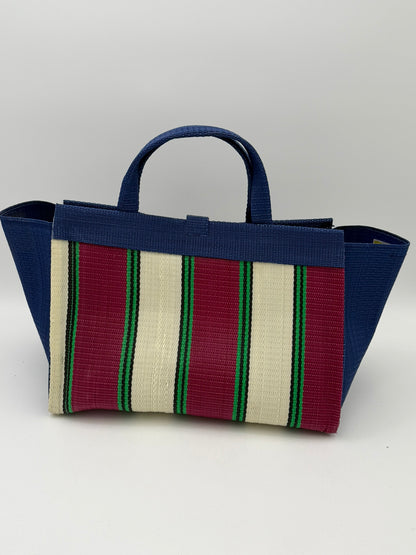 Winery Large handwoven tote bag by SCRUBIES in Blue,Cream,Wine,Green, with Block design and Leaf accent pattern