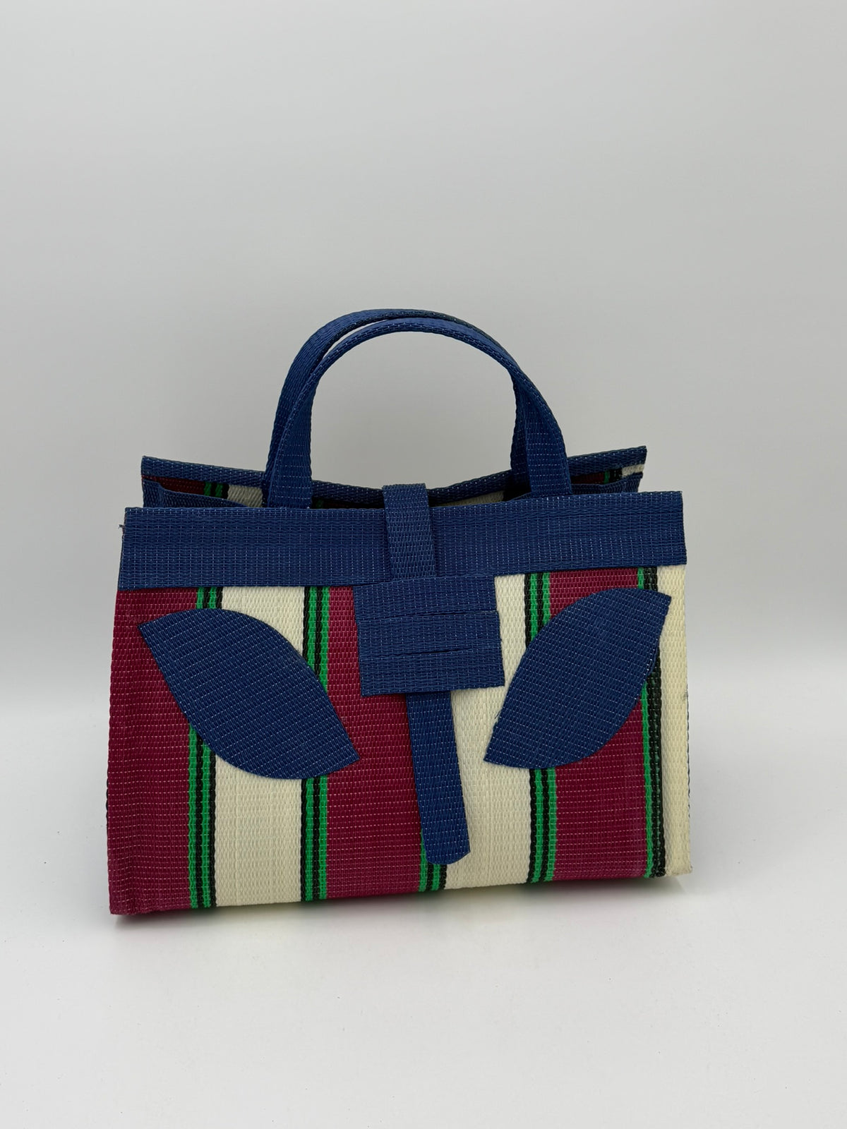 Winery Large handwoven tote bag by SCRUBIES in Blue,Cream,Wine,Green, with Block design and Leaf accent pattern