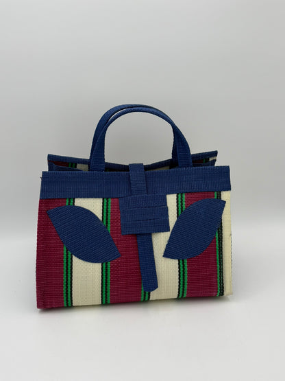 Winery Large handwoven tote bag by SCRUBIES in Blue,Cream,Wine,Green, with Block design and Leaf accent pattern