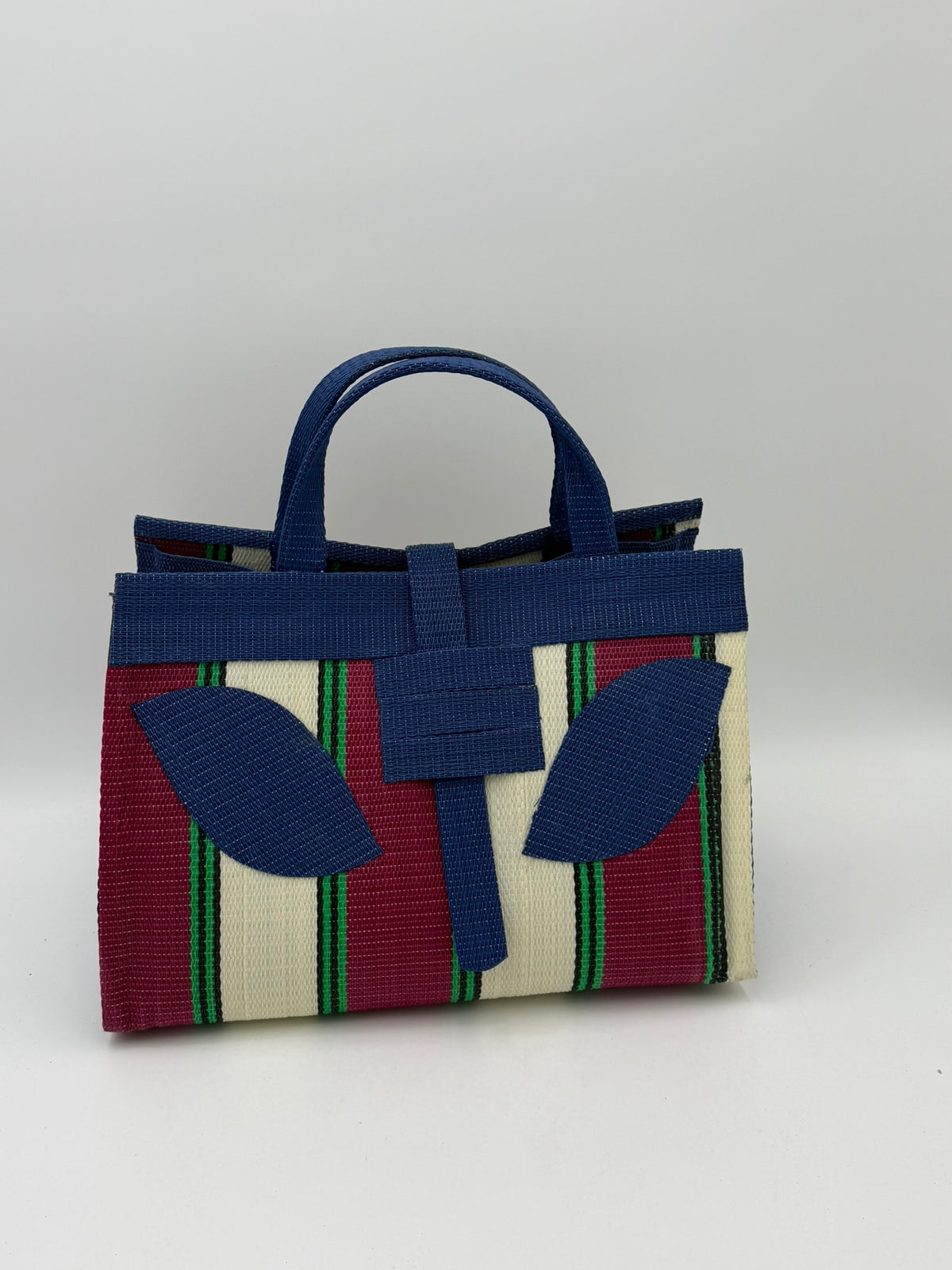 Winery Large handwoven tote bag by SCRUBIES in Blue,Cream,Wine,Green, with Block design and Leaf accent pattern