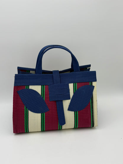 Winery Large handwoven tote bag by SCRUBIES in Blue,Cream,Wine,Green, with Block design and Leaf accent pattern
