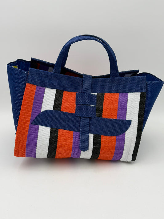 Orange Blocks Large handwoven tote bag by SCRUBIES in Blue,Orange,White,Black,Purple with Block design and Almond accent pattern