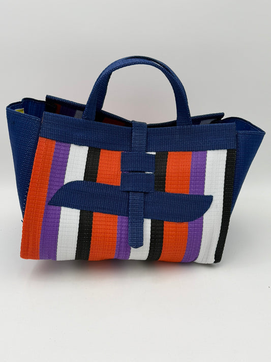 Orange Blocks Large handwoven tote bag by SCRUBIES in Blue,Orange,White,Black,Purple with Block design and Almond accent pattern