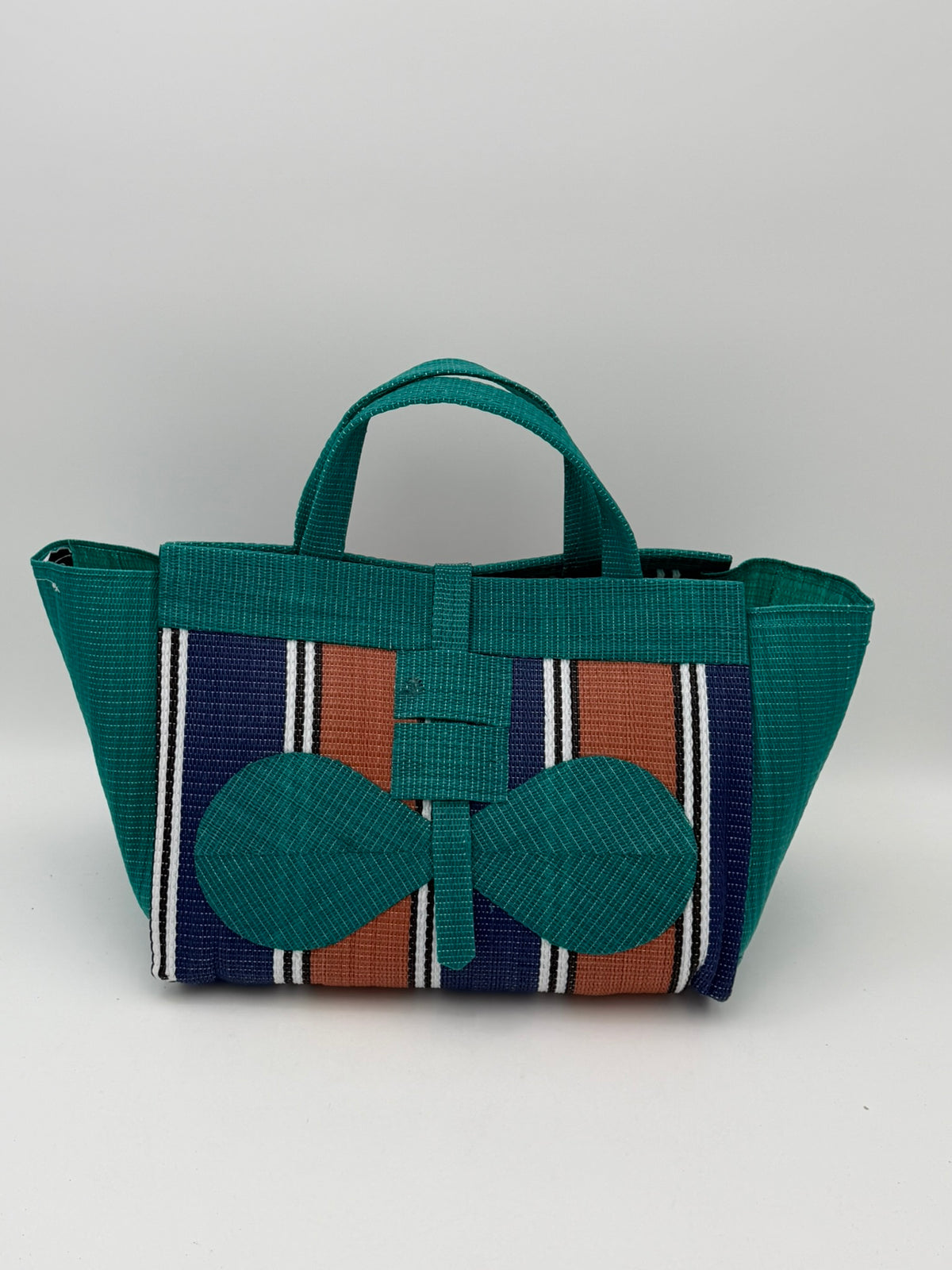 Emerald Large handwoven tote bag by SCRUBIES in Green,Blue,Brown,White with Stripes design and Bow accent pattern