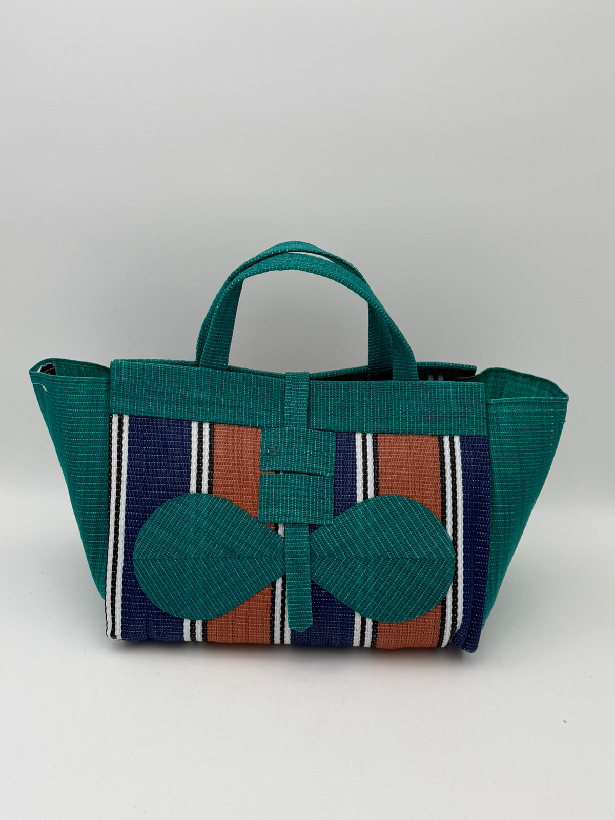 Emerald Large handwoven tote bag by SCRUBIES in Green,Blue,Brown,White with Stripes design and Bow accent pattern
