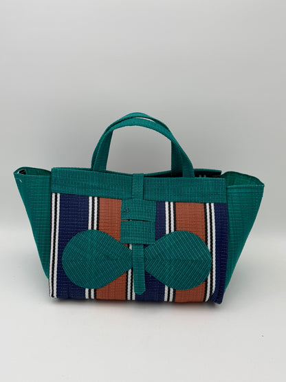 Emerald Large handwoven tote bag by SCRUBIES in Green,Blue,Brown,White with Stripes design and Bow accent pattern