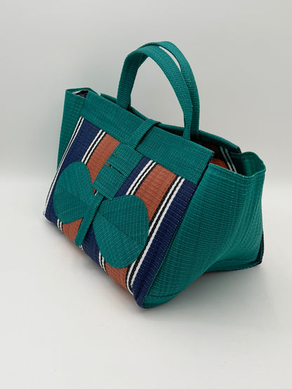 Emerald Large handwoven tote bag by SCRUBIES in Green,Blue,Brown,White with Stripes design and Bow accent pattern