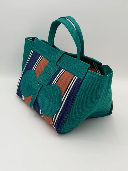 Emerald Large handwoven tote bag by SCRUBIES in Green,Blue,Brown,White with Stripes design and Bow accent pattern