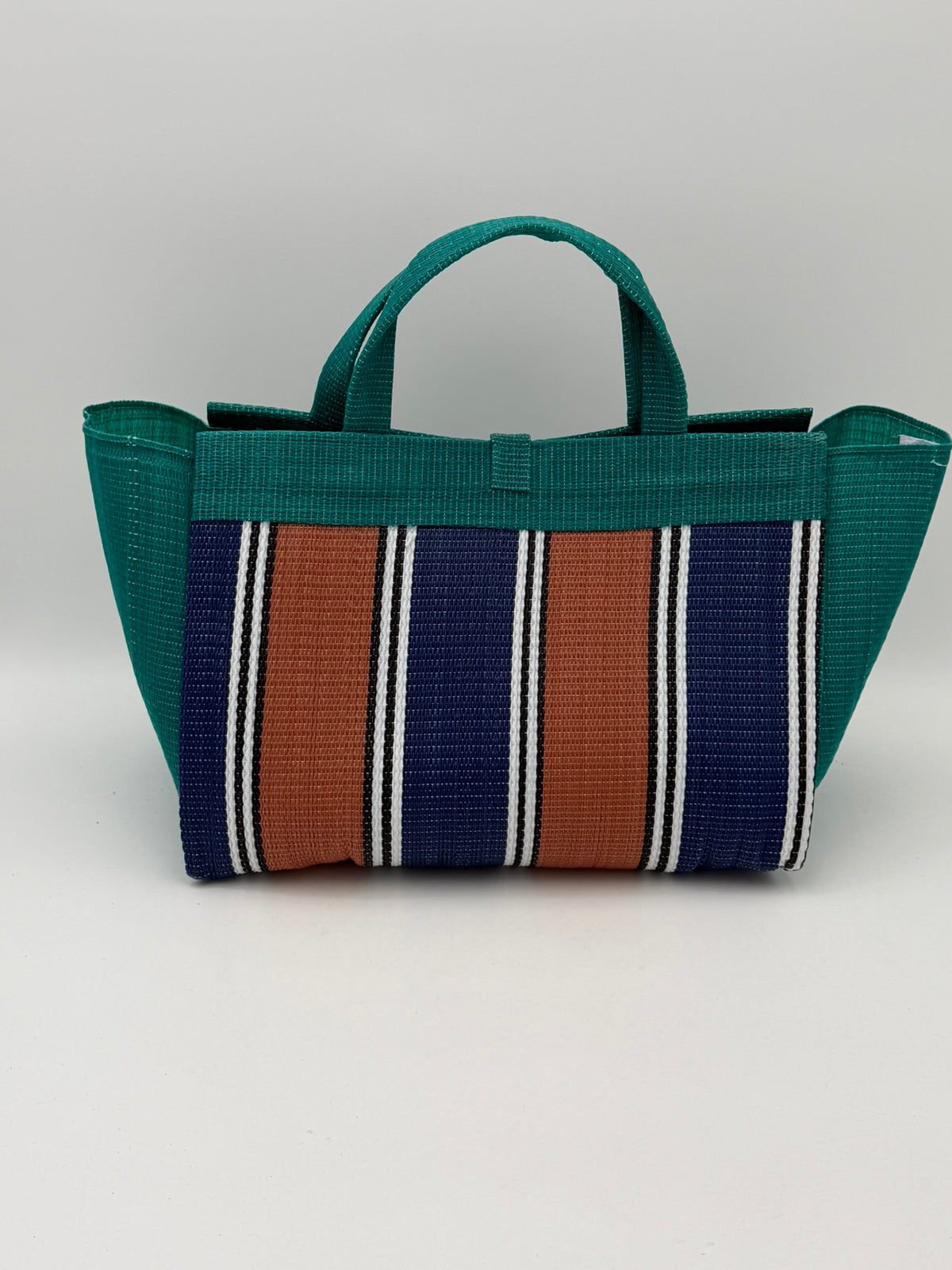 Emerald Large handwoven tote bag by SCRUBIES in Green,Blue,Brown,White with Stripes design and Bow accent pattern