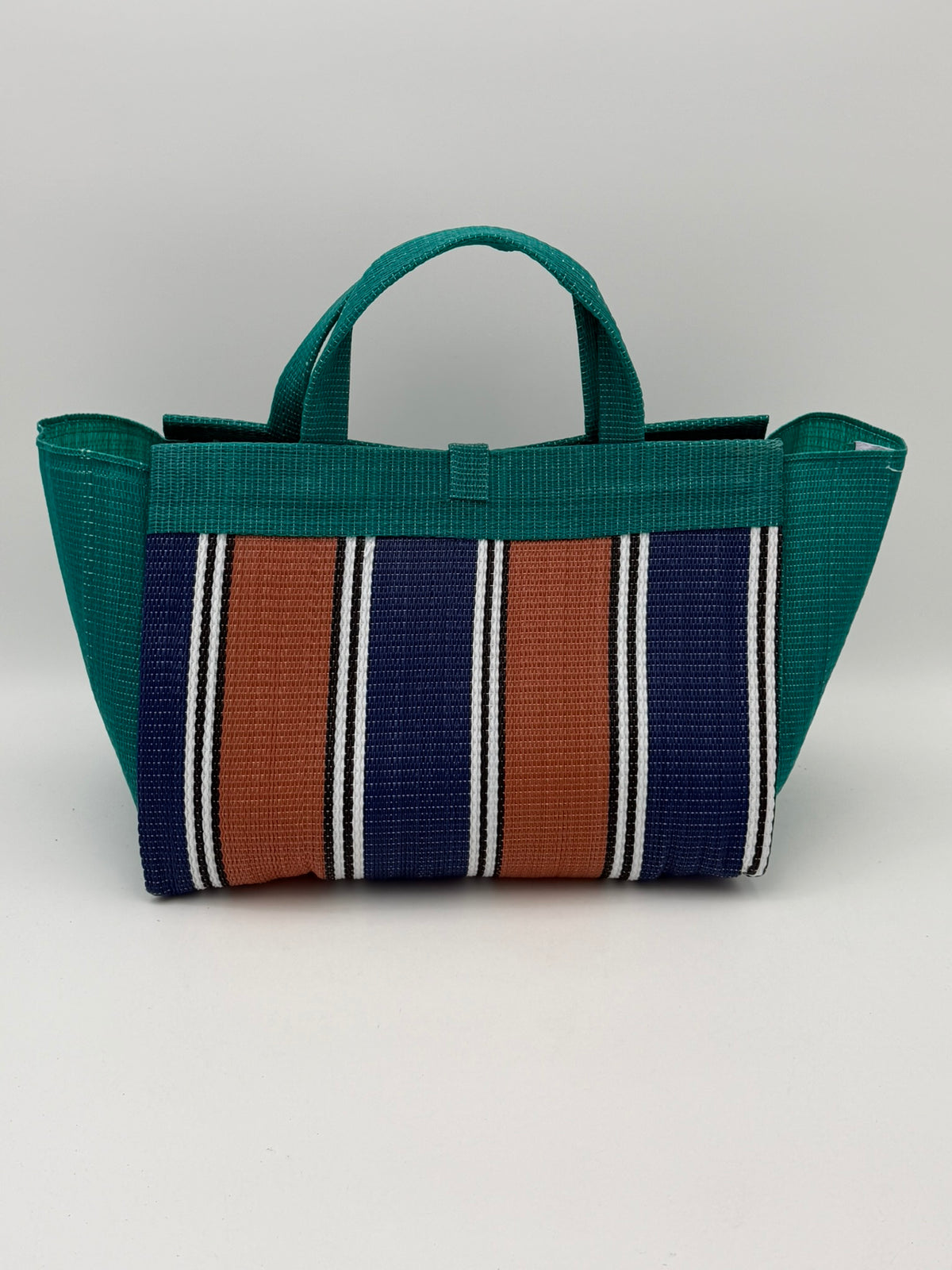 Emerald Large handwoven tote bag by SCRUBIES in Green,Blue,Brown,White with Stripes design and Bow accent pattern