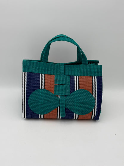 Emerald Large handwoven tote bag by SCRUBIES in Green,Blue,Brown,White with Stripes design and Bow accent pattern