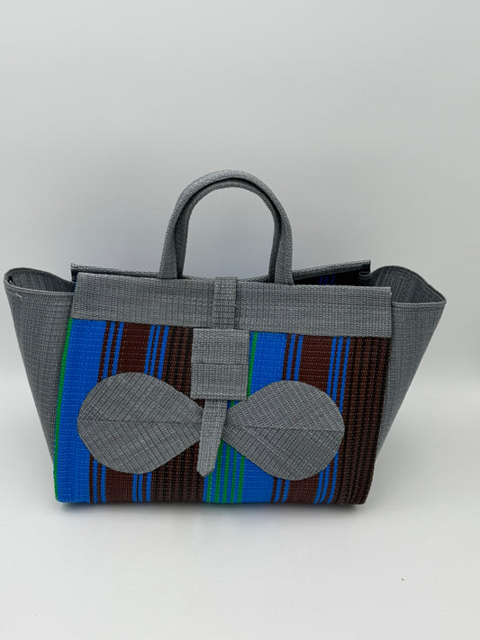 Brownie Large handwoven tote bag by SCRUBIES in Grey,Blue,Brown with Stripes design and Bow accent pattern