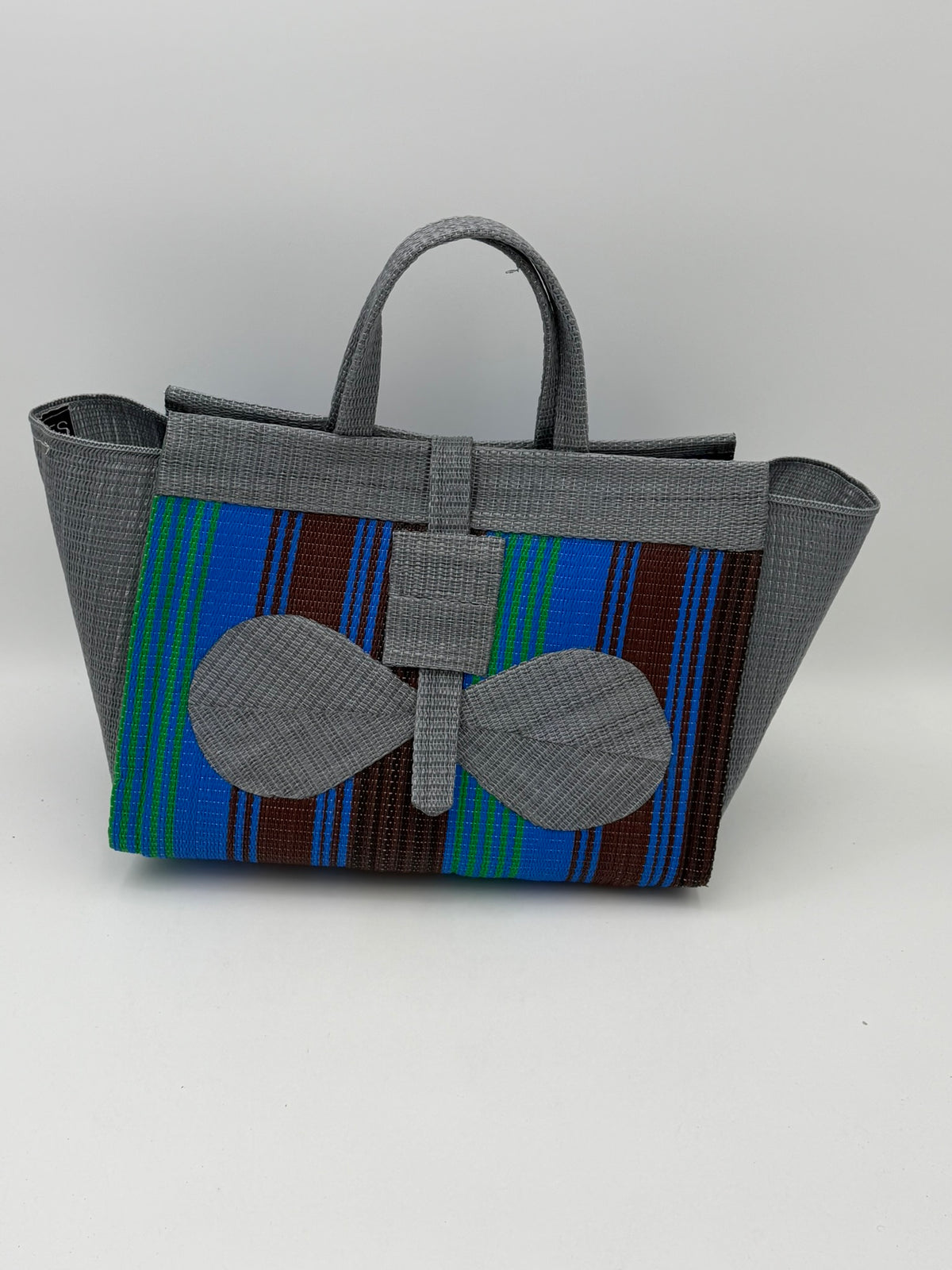 Brownie Large handwoven tote bag by SCRUBIES in Grey,Blue,Brown with Stripes design and Bow accent pattern