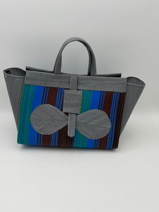 Brownie Large handwoven tote bag by SCRUBIES in Grey,Blue,Brown with Stripes design and Bow accent pattern