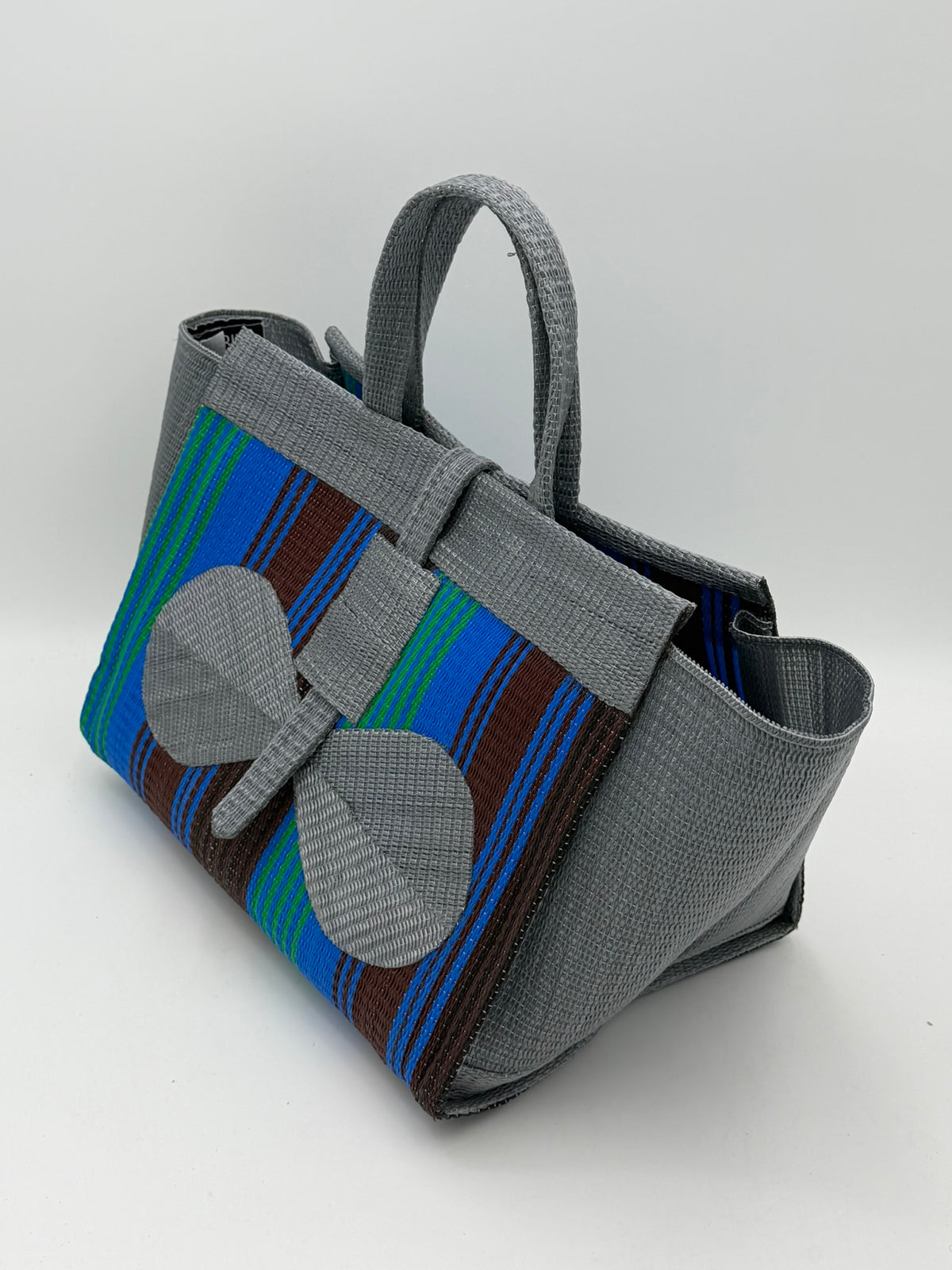 Brownie Large handwoven tote bag by SCRUBIES in Grey,Blue,Brown with Stripes design and Bow accent pattern