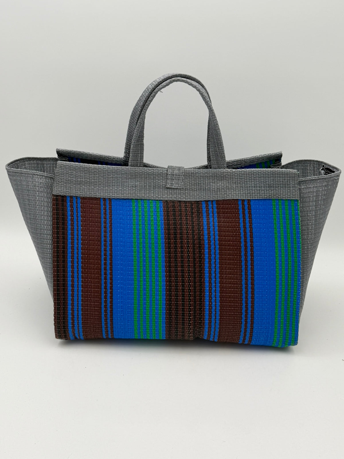 Brownie Large handwoven tote bag by SCRUBIES in Grey,Blue,Brown with Stripes design and Bow accent pattern