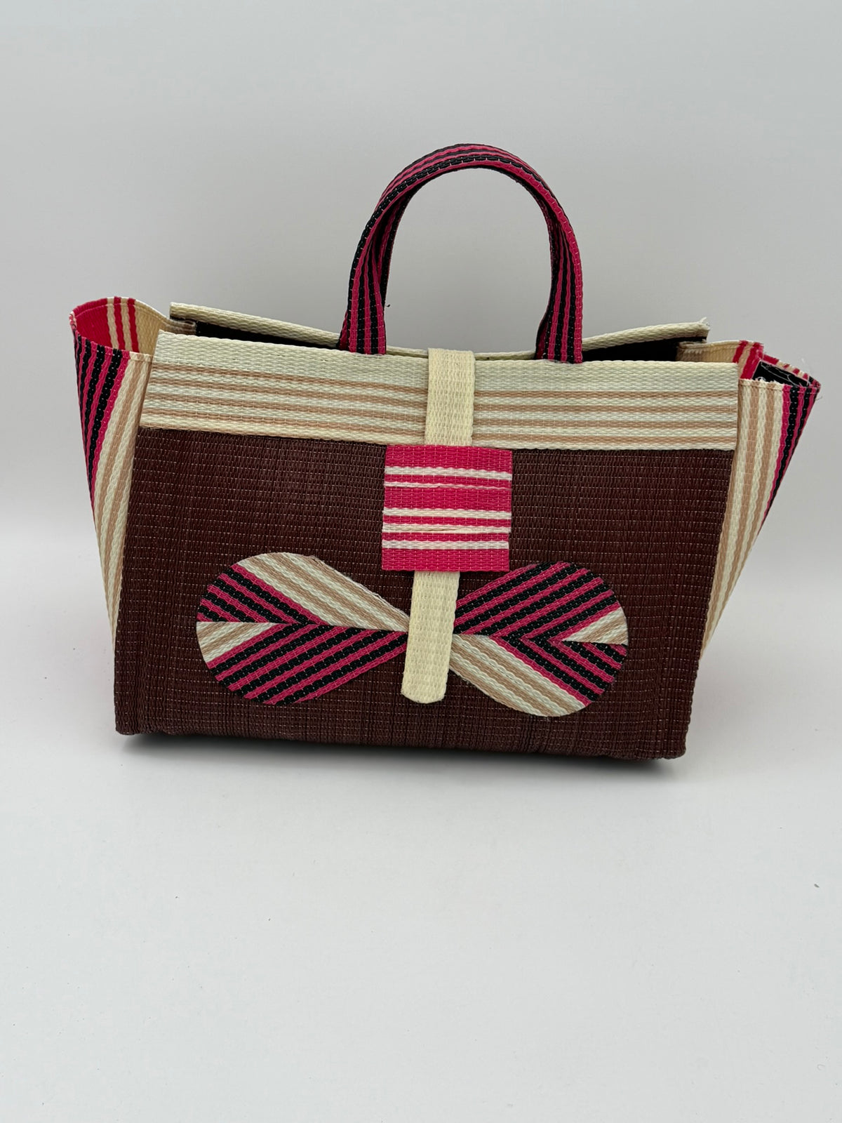 Brownie Large handwoven tote bag by SCRUBIES in Brown,Cream,Pink with Solid design and Bow accent pattern