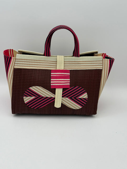 Brownie Large handwoven tote bag by SCRUBIES in Brown,Cream,Pink with Solid design and Bow accent pattern
