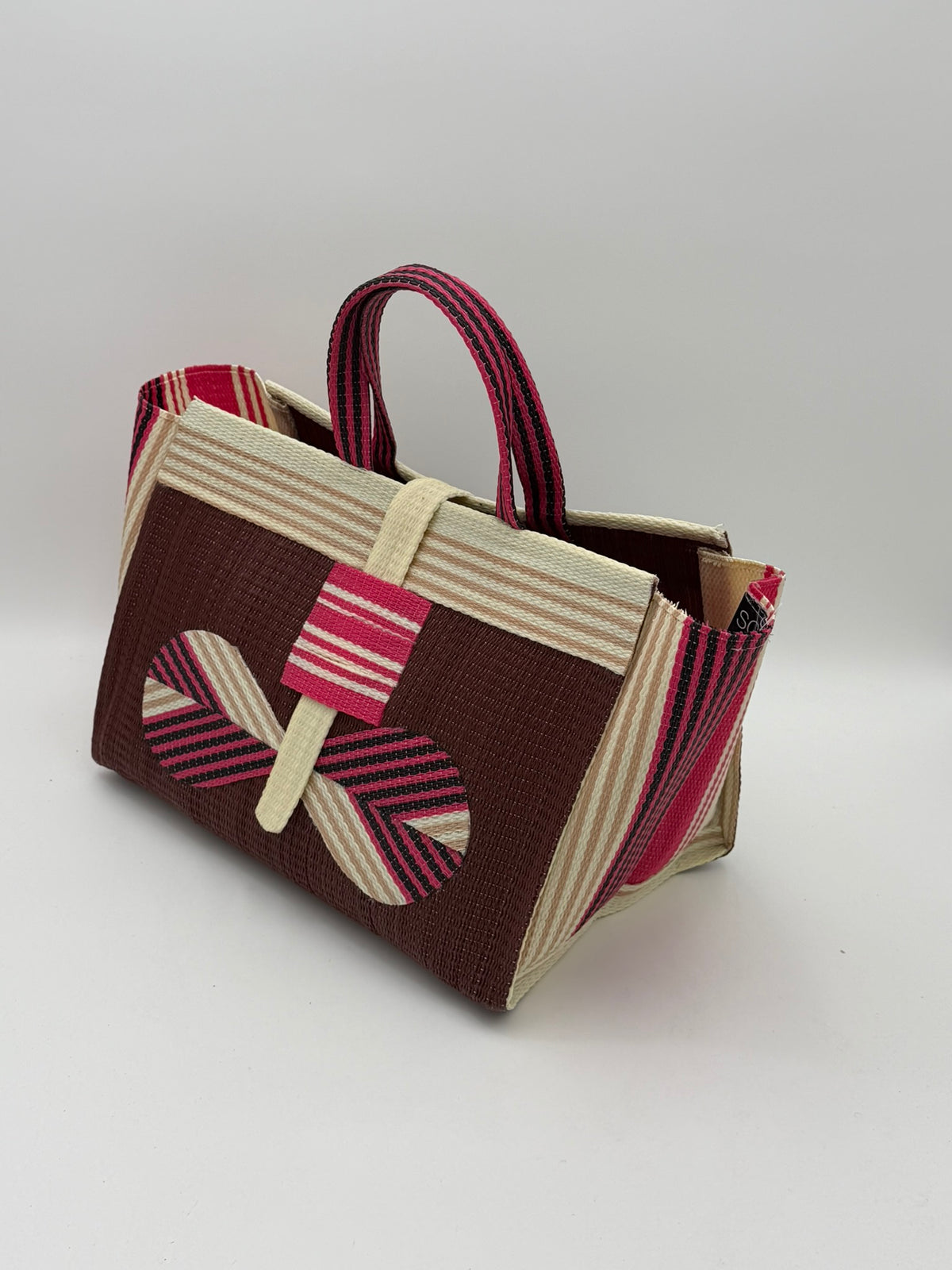 Brownie Large handwoven tote bag by SCRUBIES in Brown,Cream,Pink with Solid design and Bow accent pattern