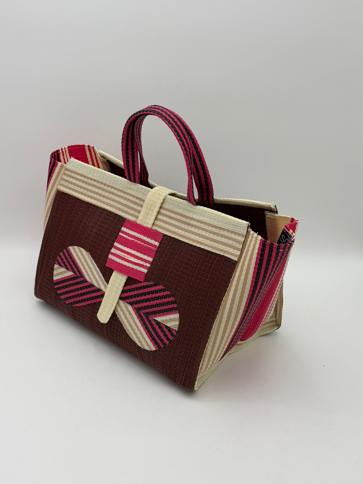 Brownie Large handwoven tote bag by SCRUBIES in Brown,Cream,Pink with Solid design and Bow accent pattern