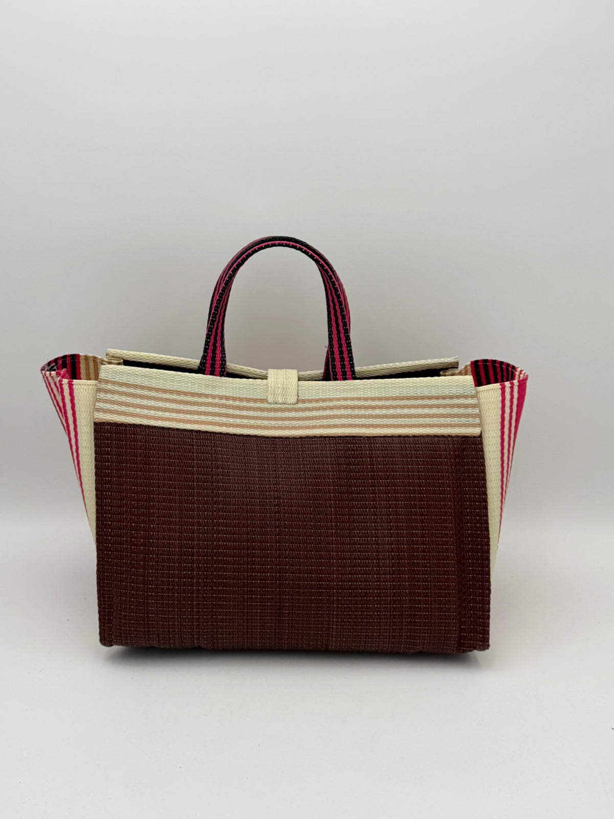 Brownie Large handwoven tote bag by SCRUBIES in Brown,Cream,Pink with Solid design and Bow accent pattern