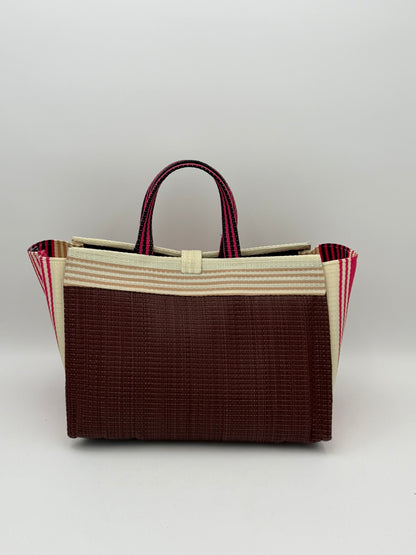 Brownie Large handwoven tote bag by SCRUBIES in Brown,Cream,Pink with Solid design and Bow accent pattern