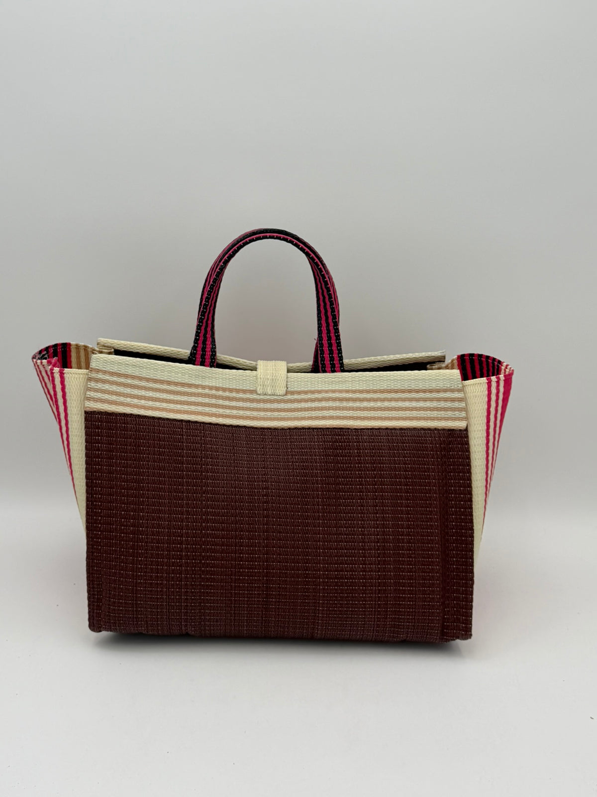 Brownie Large handwoven tote bag by SCRUBIES in Brown,Cream,Pink with Solid design and Bow accent pattern