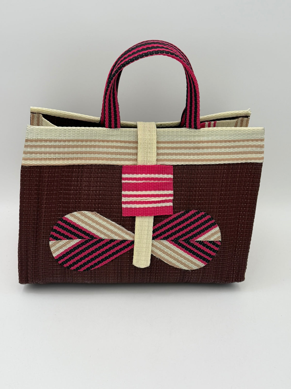 Brownie Large handwoven tote bag by SCRUBIES in Brown,Cream,Pink with Solid design and Bow accent pattern