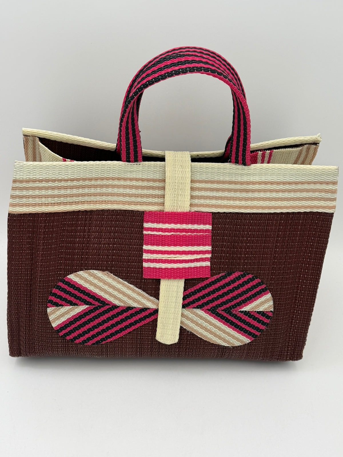 Brownie Large handwoven tote bag by SCRUBIES in Brown,Cream,Pink with Solid design and Bow accent pattern