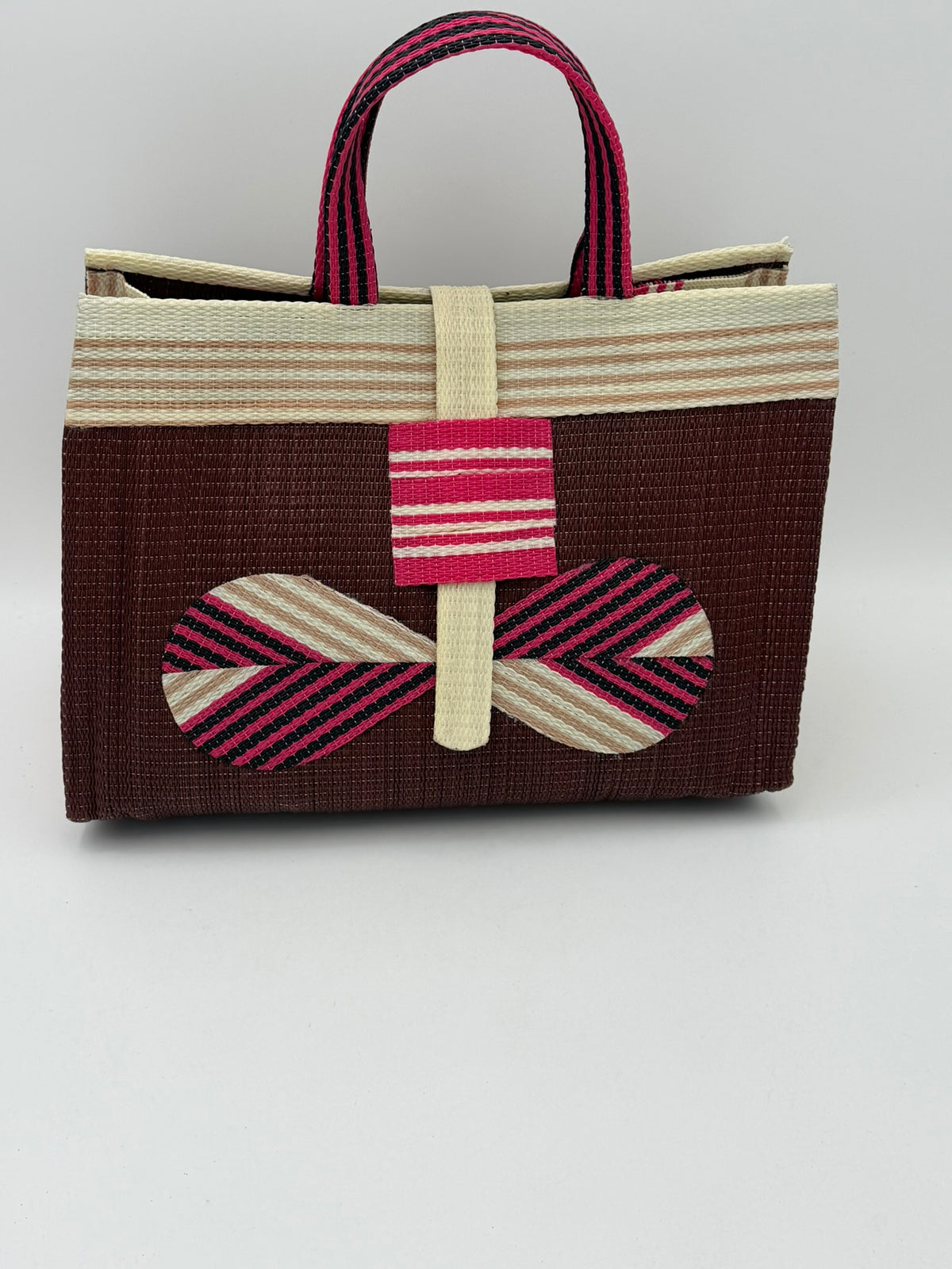 Brownie Large handwoven tote bag by SCRUBIES in Brown,Cream,Pink with Solid design and Bow accent pattern