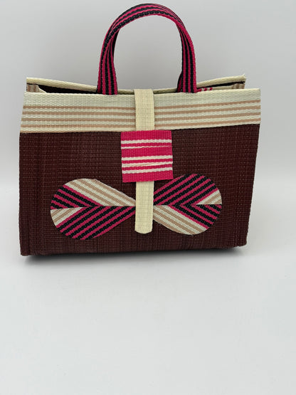 Brownie Large handwoven tote bag by SCRUBIES in Brown,Cream,Pink with Solid design and Bow accent pattern