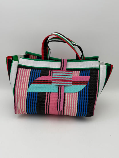 Candy Large handwoven tote bag by SCRUBIES in Pink,Blue,Teal,White,Black, with Stripes design and Almond accent pattern