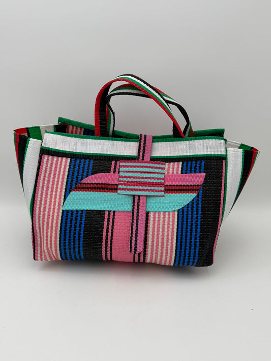 Candy Large handwoven tote bag by SCRUBIES in Pink,Blue,Teal,White,Black, with Stripes design and Almond accent pattern