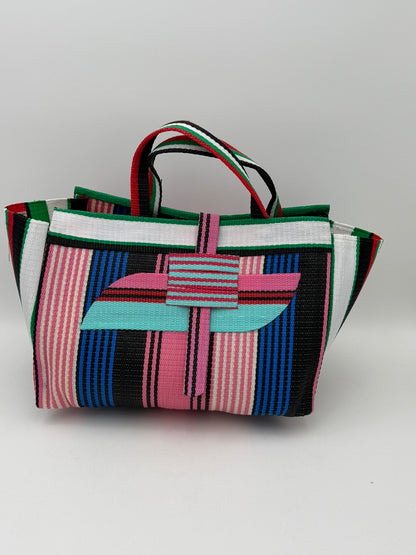 Candy Large handwoven tote bag by SCRUBIES in Pink,Blue,Teal,White,Black, with Stripes design and Almond accent pattern