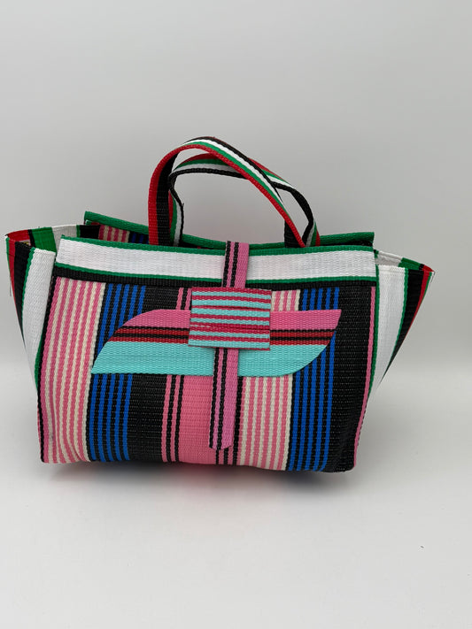 Candy Large handwoven tote bag by SCRUBIES in Pink,Blue,Teal,White,Black, with Stripes design and Almond accent pattern