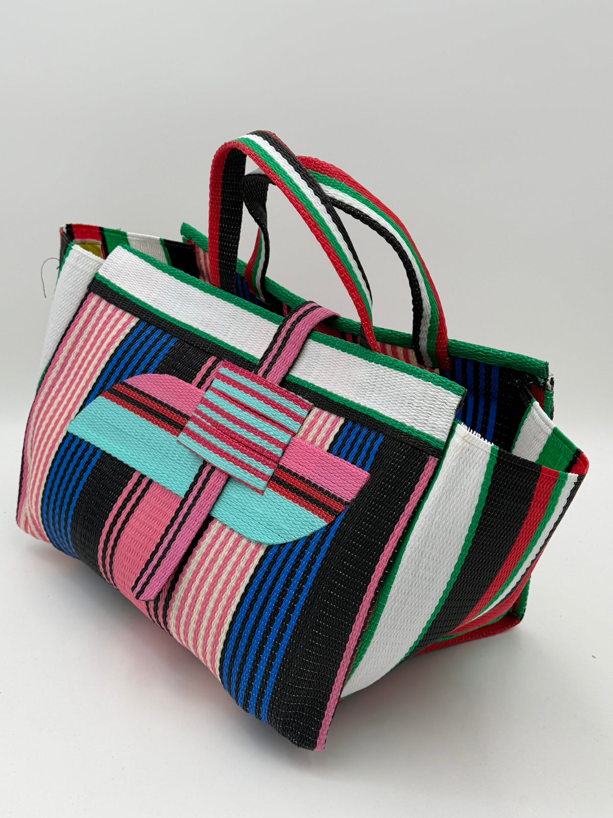 Candy Large handwoven tote bag by SCRUBIES in Pink,Blue,Teal,White,Black, with Stripes design and Almond accent pattern
