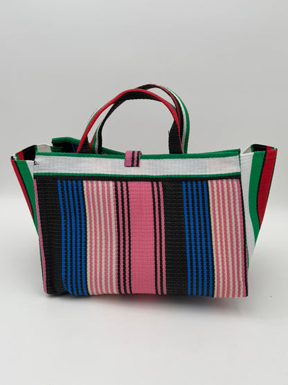 Candy Large handwoven tote bag by SCRUBIES in Pink,Blue,Teal,White,Black, with Stripes design and Almond accent pattern