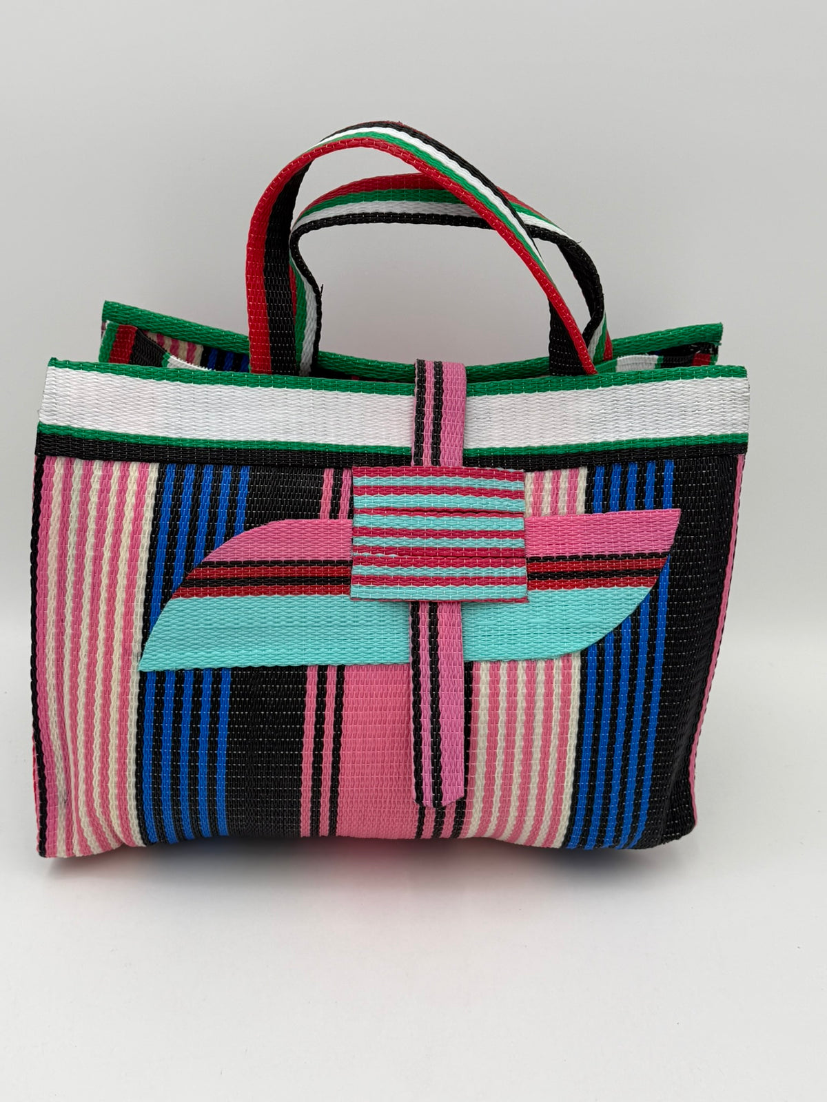 Candy Large handwoven tote bag by SCRUBIES in Pink,Blue,Teal,White,Black, with Stripes design and Almond accent pattern