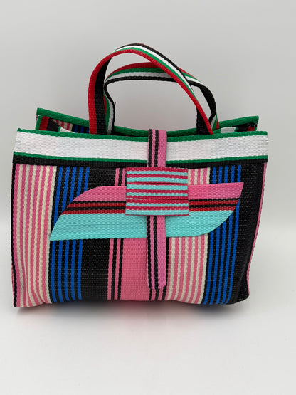 Candy Large handwoven tote bag by SCRUBIES in Pink,Blue,Teal,White,Black, with Stripes design and Almond accent pattern