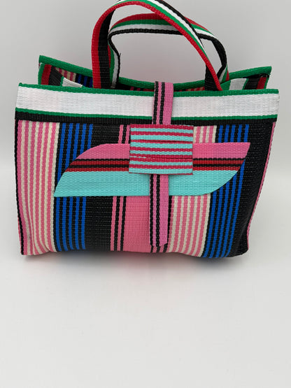 Candy Large handwoven tote bag by SCRUBIES in Pink,Blue,Teal,White,Black, with Stripes design and Almond accent pattern