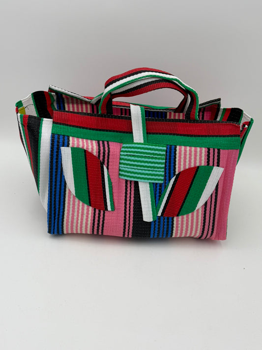 Candy Large handwoven tote bag by SCRUBIES in Pink,Blue,White,Green,Red with Stripes design and Leaf accent pattern